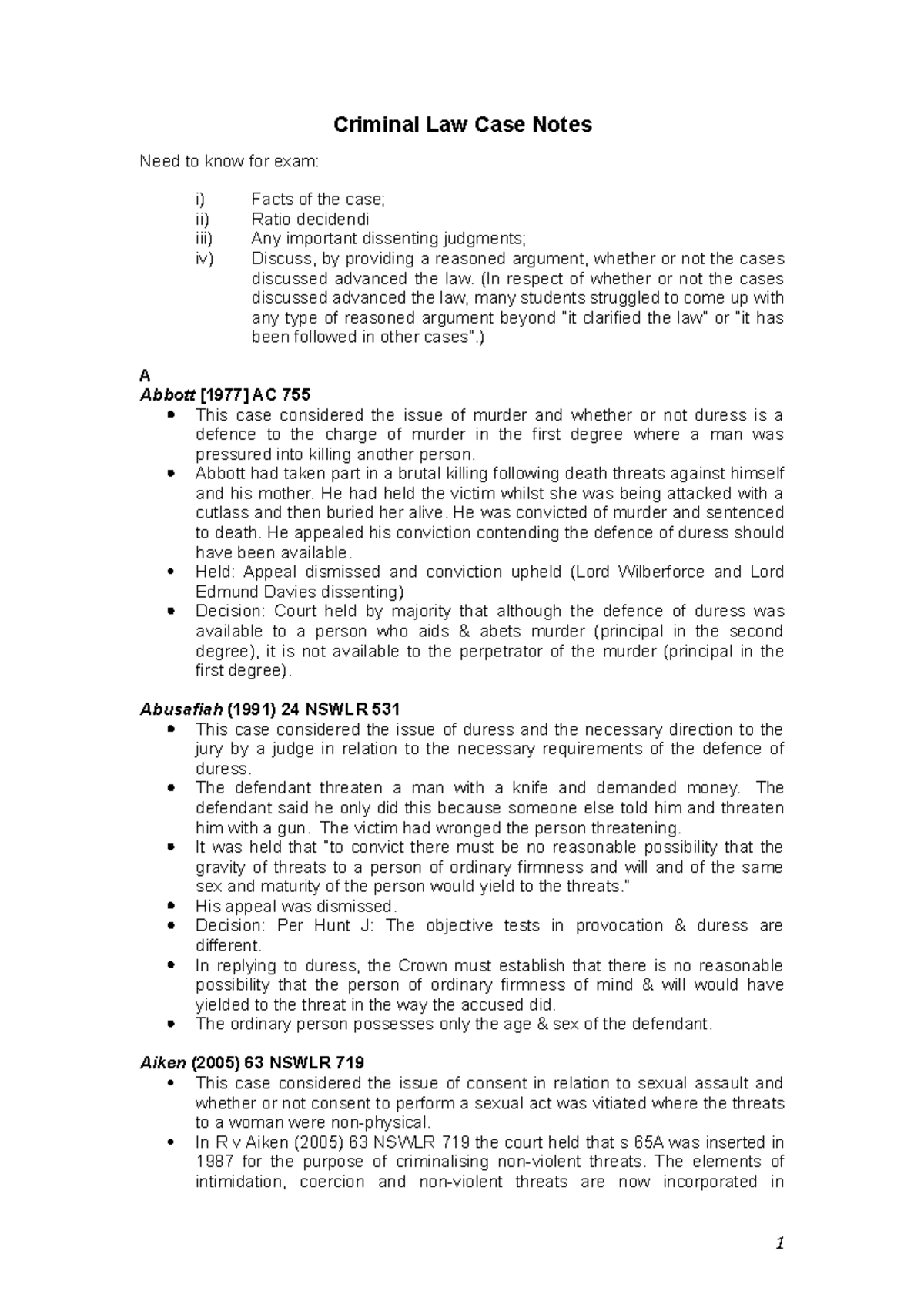 Criminal Law - List Of Cases - Summary And Notes - Criminal Law Case ...