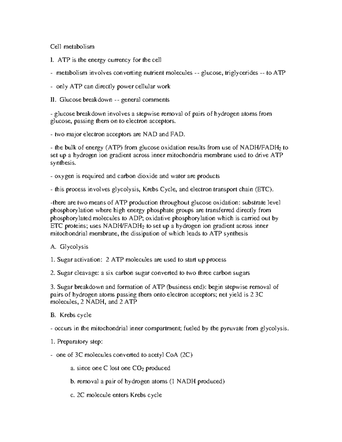 Cell metabolism - notes - Cell metabolism I. ATP is the energy currency ...