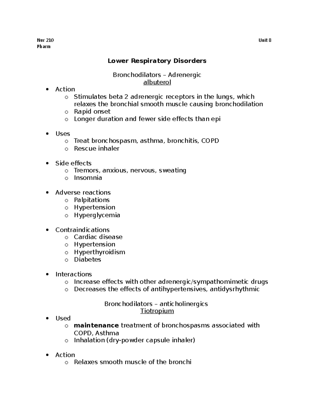 Pharm unit 8 - Nur 210 Unit 8 Pharm Lower Respiratory Disorders ...