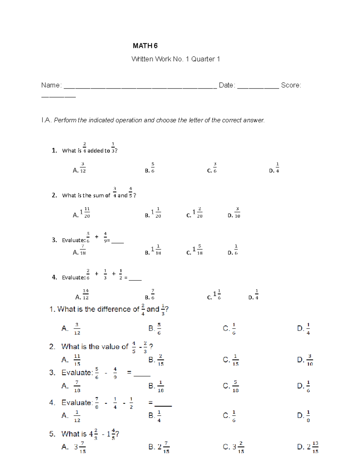 math grade 6 summative test