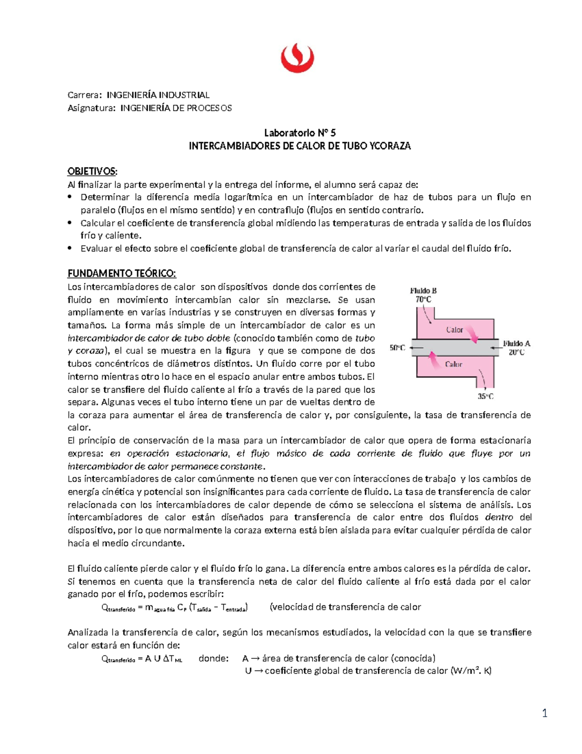 Guía de Laboratorio 5.- Intercambiadores de Calor - Carrera: INGENIERÍA ...