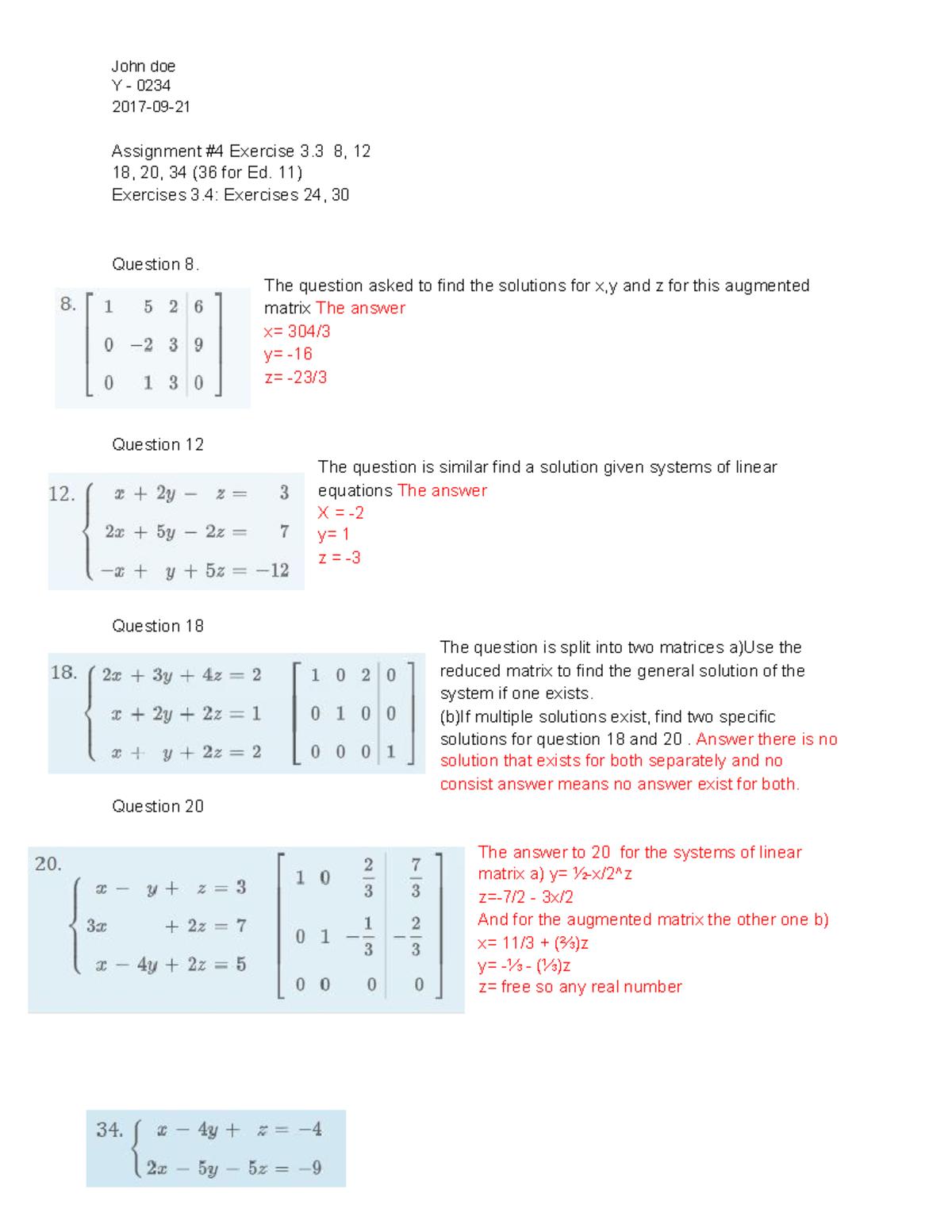 Math assigment 4 tutorial work math questions based matrices John