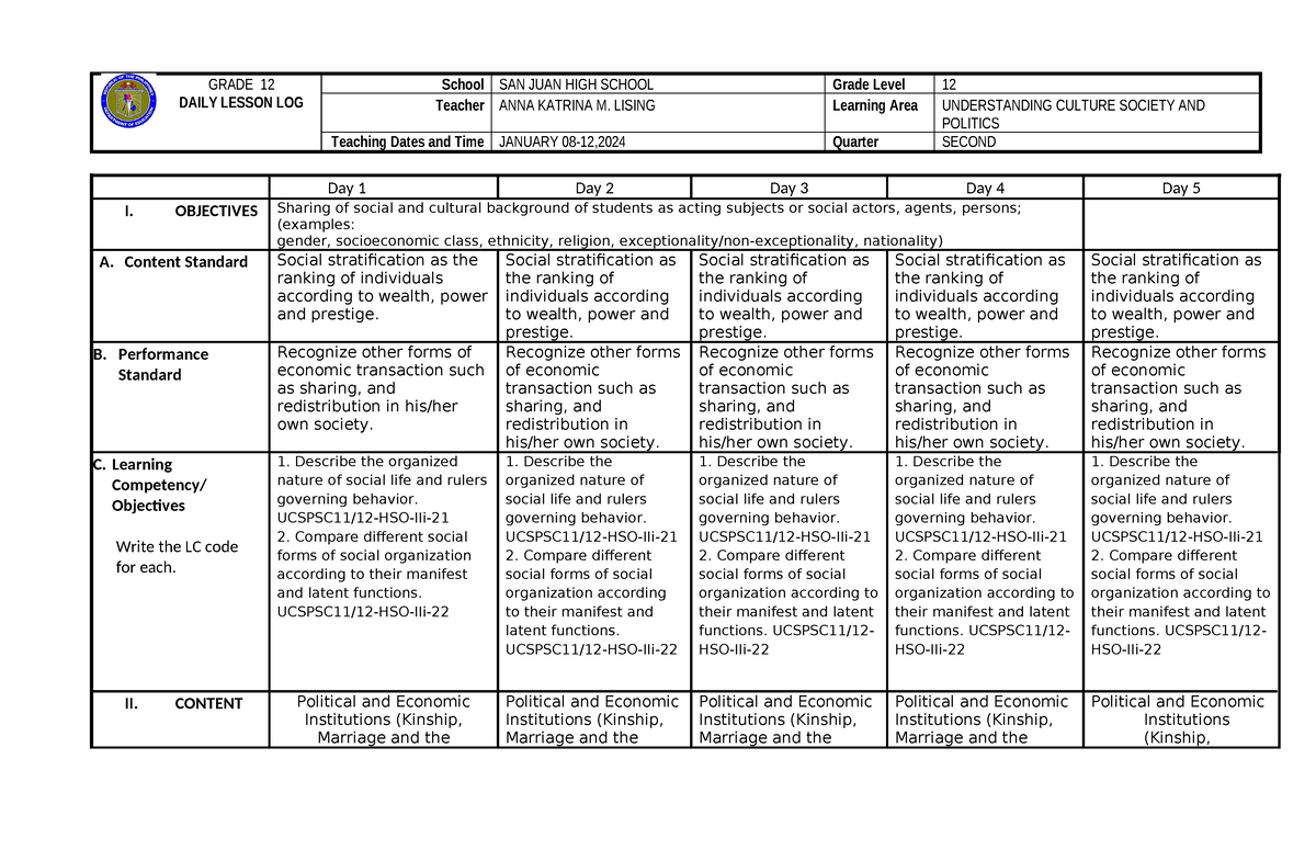 DLL-JAN 8-12,24 - dll - GRADE 12 DAILY LESSON LOG School SAN JUAN HIGH ...