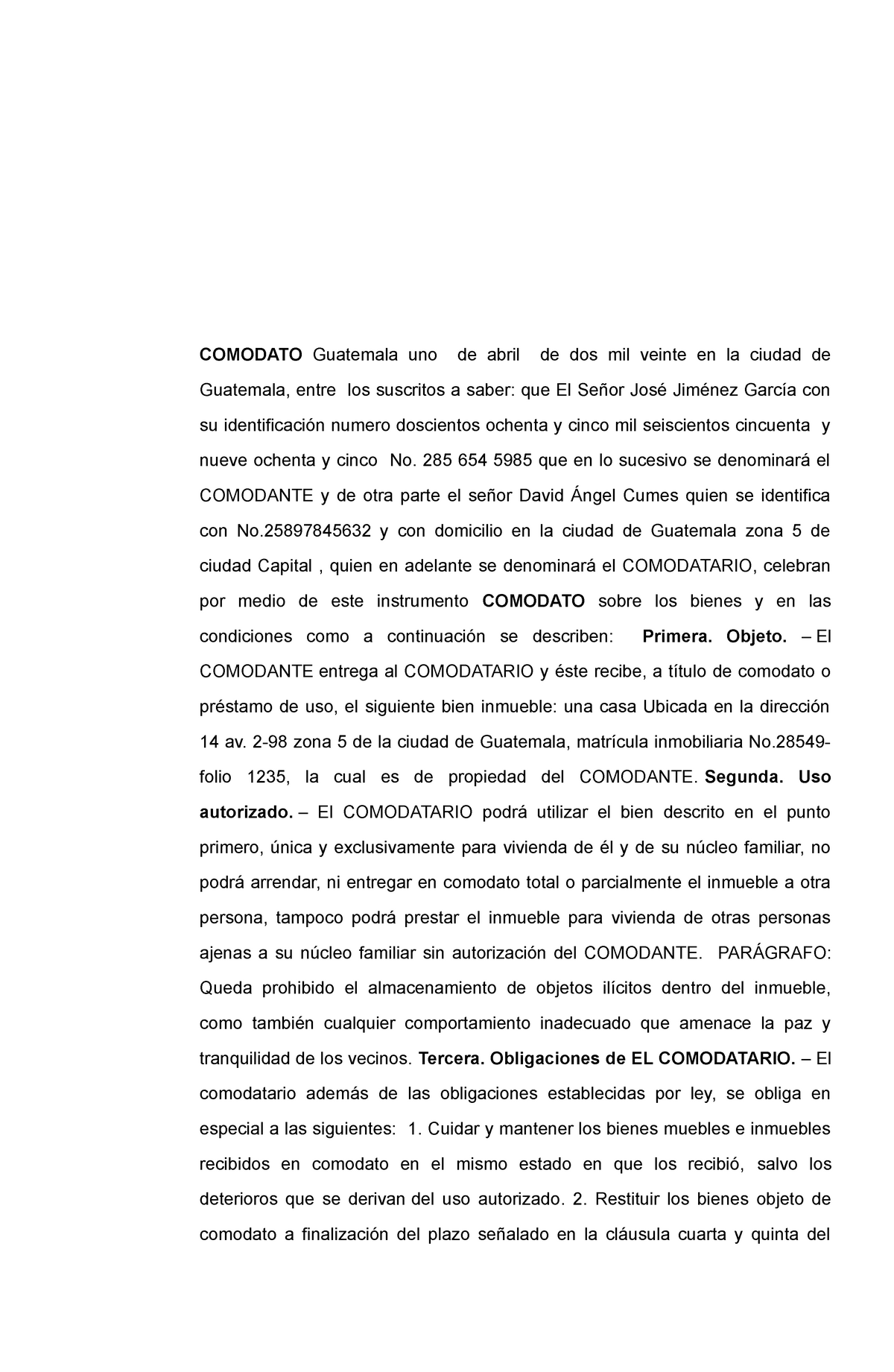 Contratos DE Civil - contrato de comodato - COMODATO Guatemala uno de abril  de dos mil veinte en la - Studocu