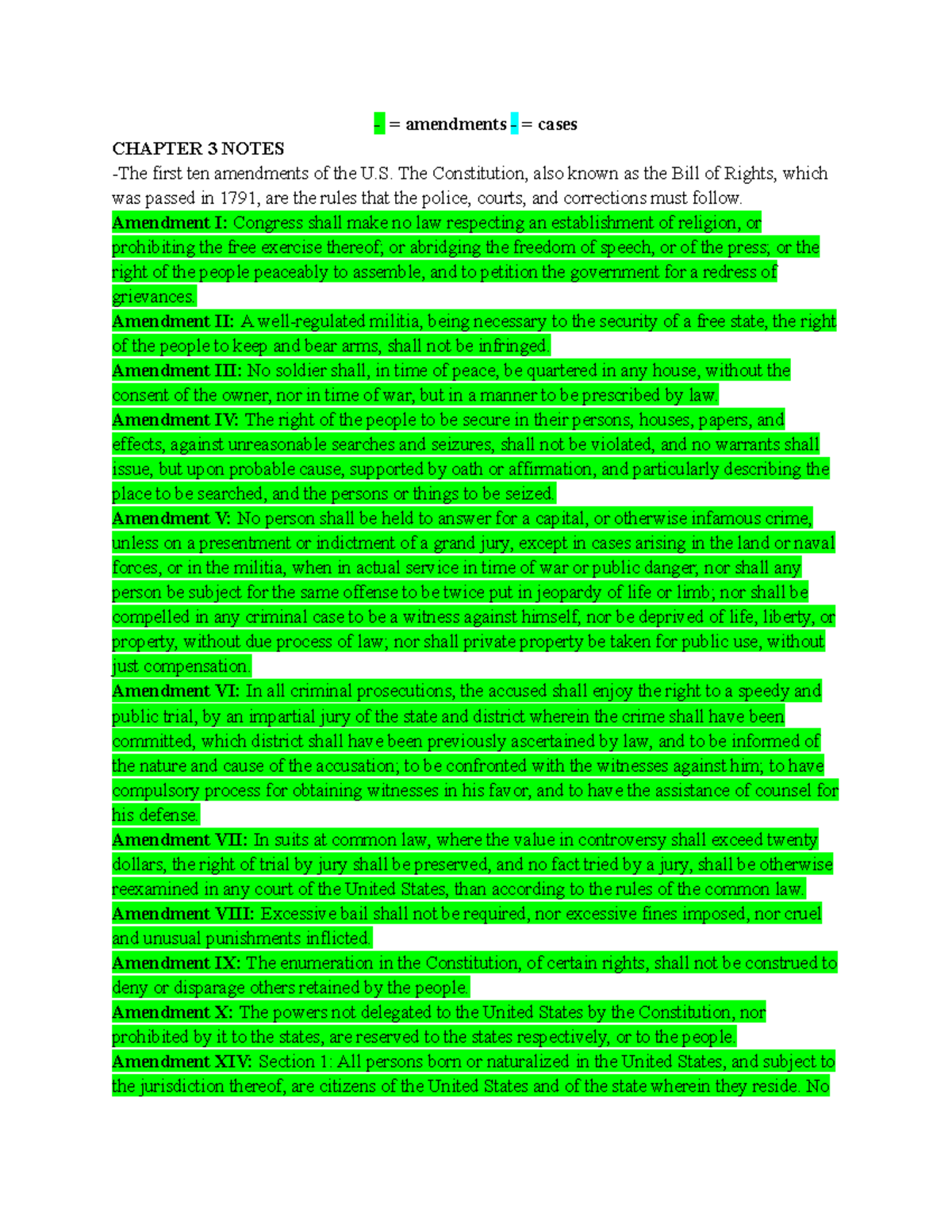 COR 101 Chapter 3 Notes - = amendments - = cases CHAPTER 3 NOTES -The ...