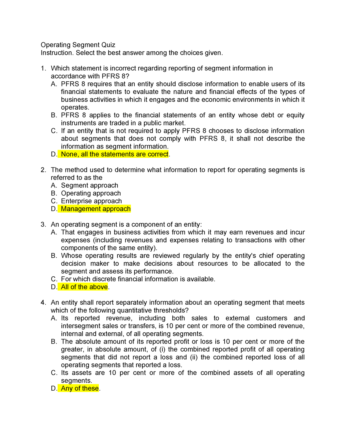 521292027 Operating Segments QUIZ Answer Operating Segment Quiz 