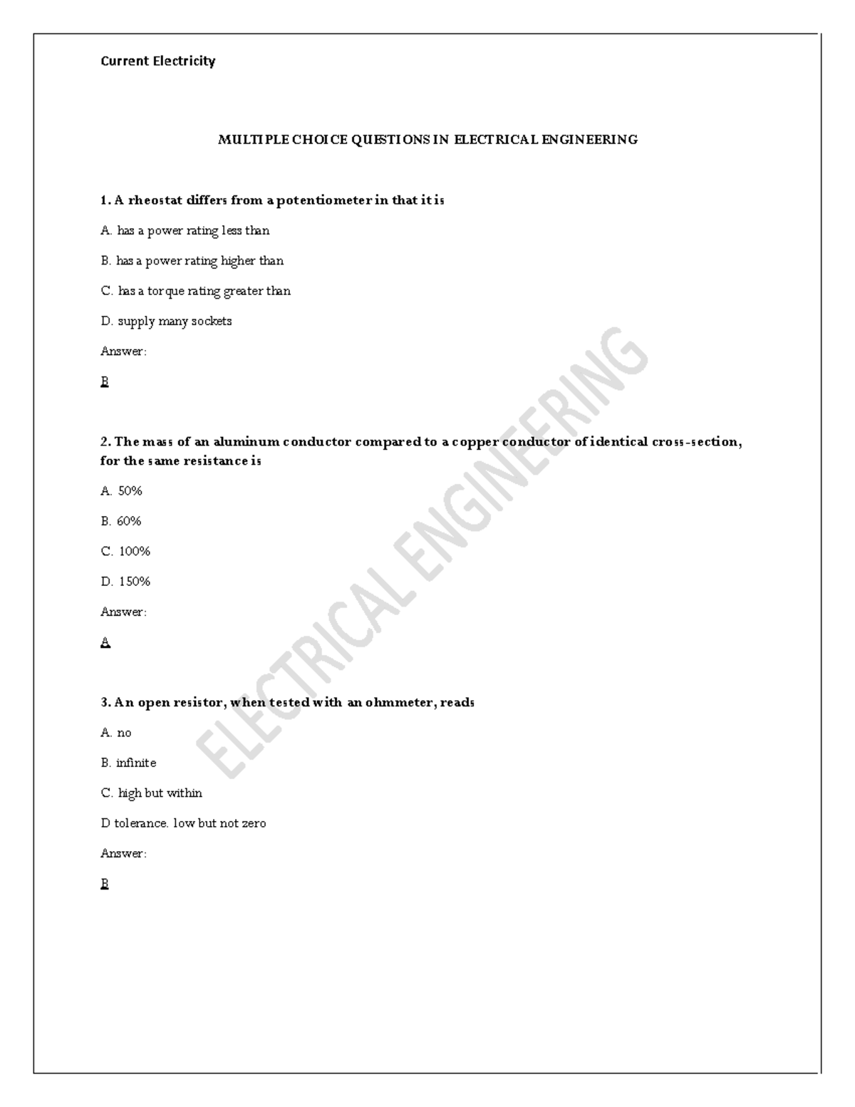 Electrical Engineering Practice Quizzes 8 - MULTIPLE CHOICE QUESTIONS ...