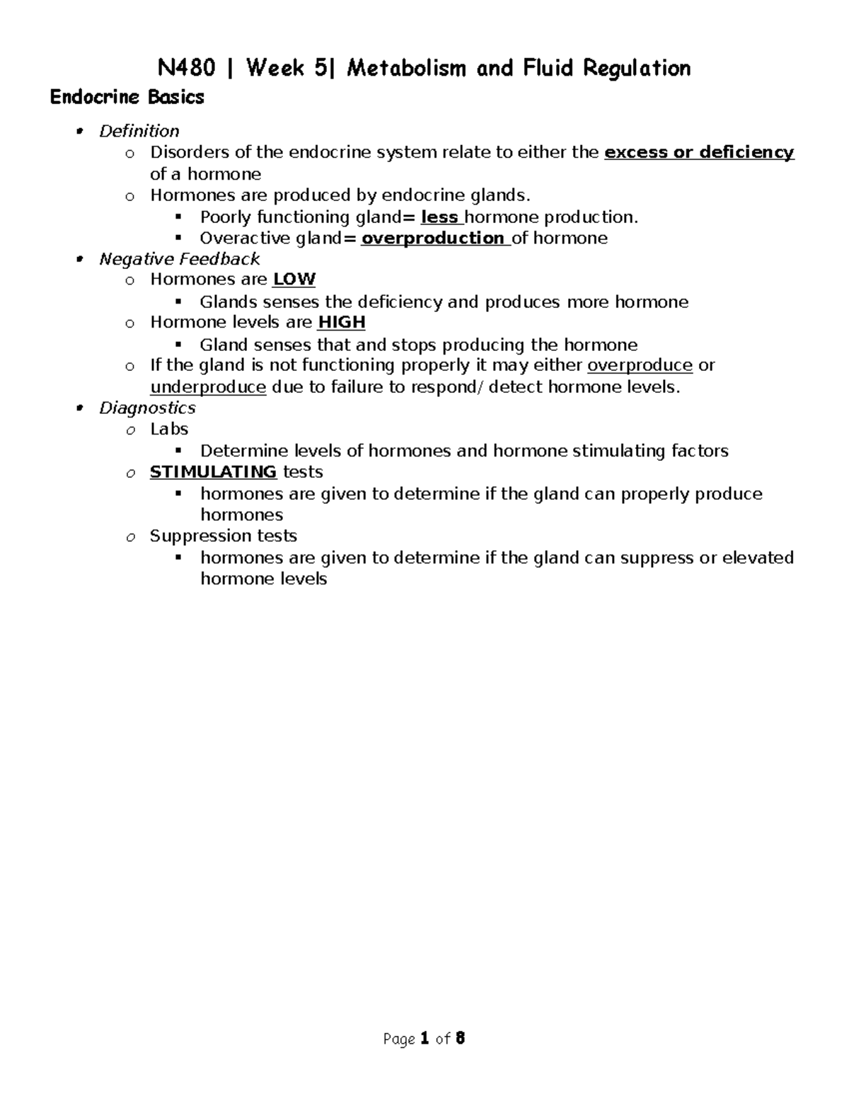 Guided Notes N480 Week 5 Endocrine and Fluid Regulation Endocrine