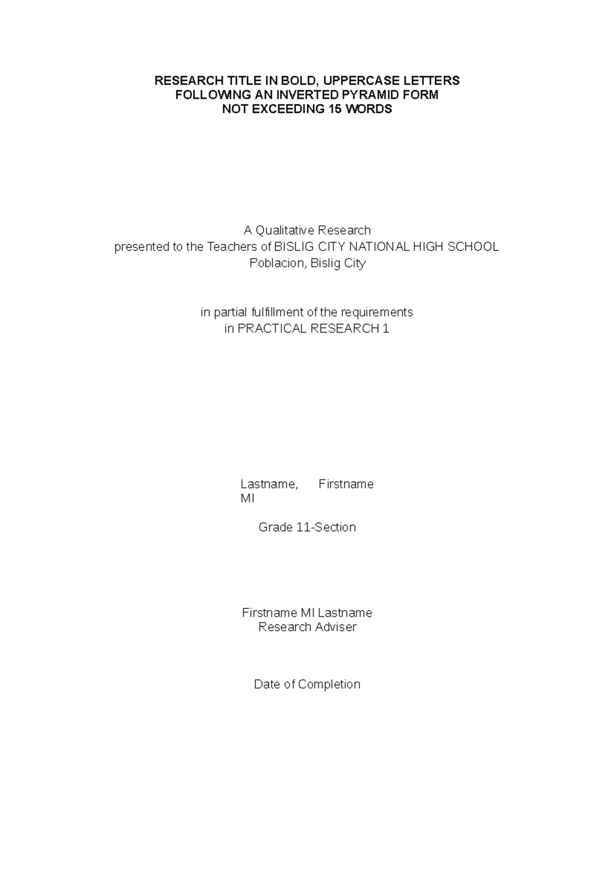 Practical research 1 paper format with sample input - RESEARCH TITLE IN ...