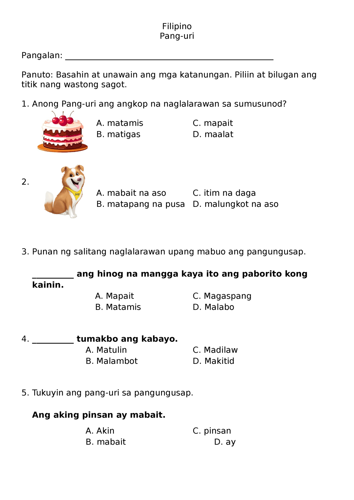 Filipino-Pang-uri Quiz - Filipino Pang-uri Pangalan: - Studocu