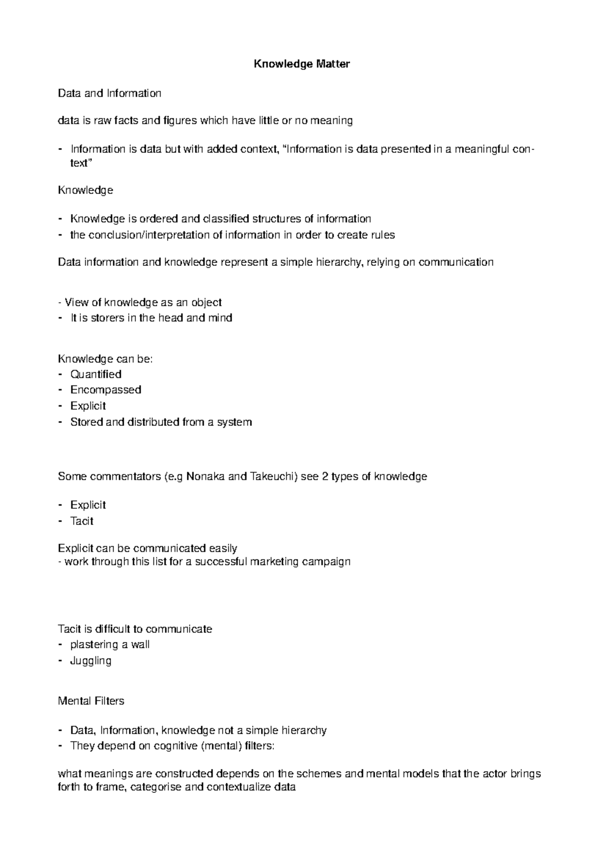 Knowledge Management - Lecture notes 2 - Knowledge Matter Data and ...