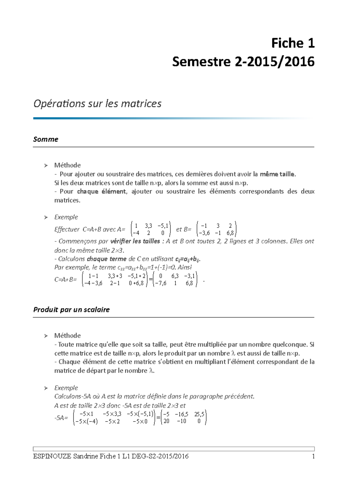 Fiche 1Operations Matrices - Fiche 1 Semestre 2-2015/ Opérations Sur ...