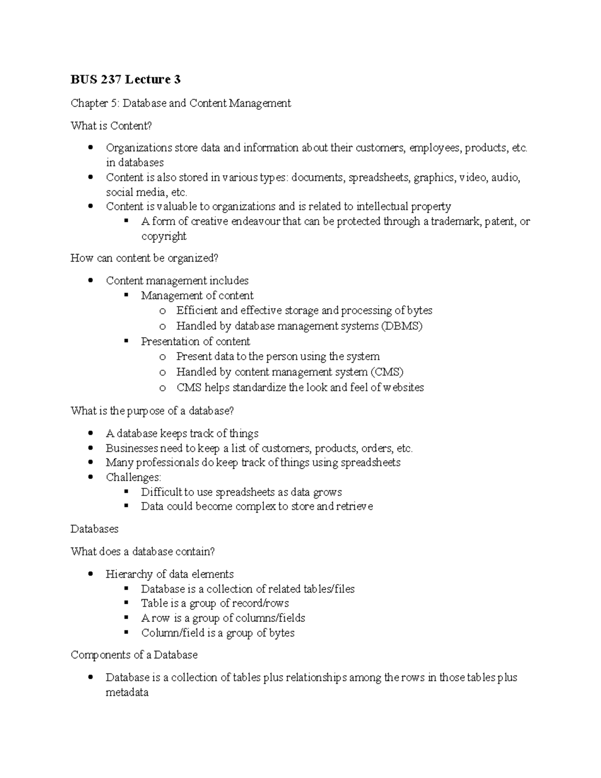 BUS 237 chapter 5 notes - BUS 237 Lecture 3 Chapter 5: Database and ...