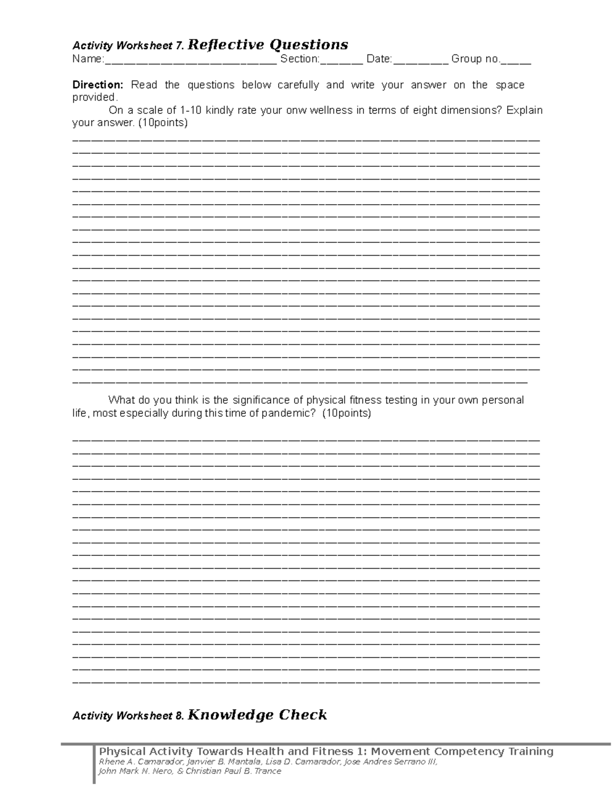 Chapter 4 Activities Assessment Activity Worksheet 7. Reflective