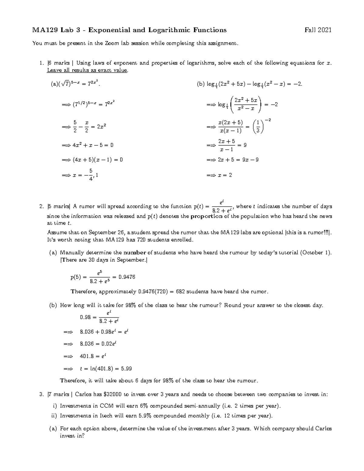 Lab 3 Solutions - MA129 Lab 3 - Exponential and Logarithmic Functions ...