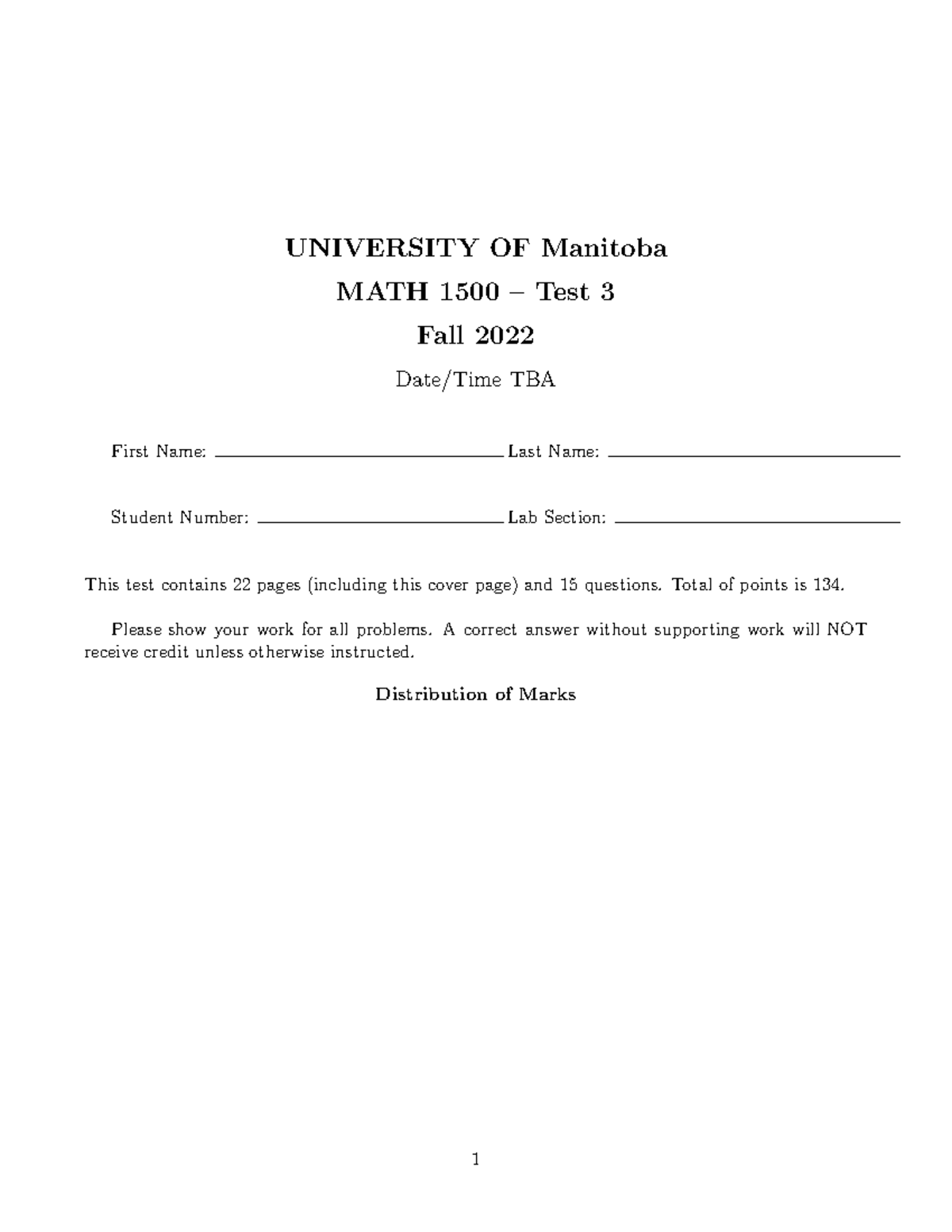 Math 1500 test sol 3 Math test 3 UNIVERSITY OF Manitoba MATH 1500