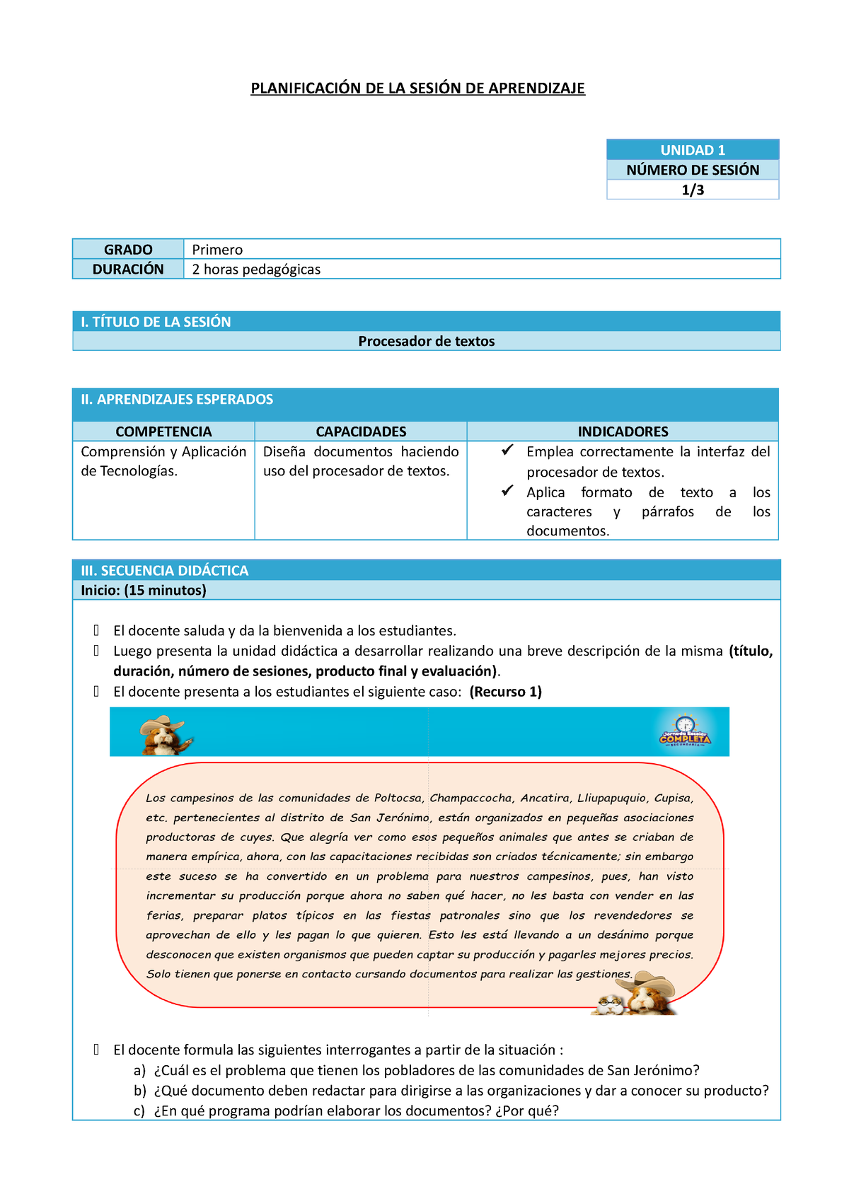 EPT1-U1-S1 - PLANIFICACIÓN DE LA SESIÓN DE APRENDIZAJE DE LA SESION 1 ...