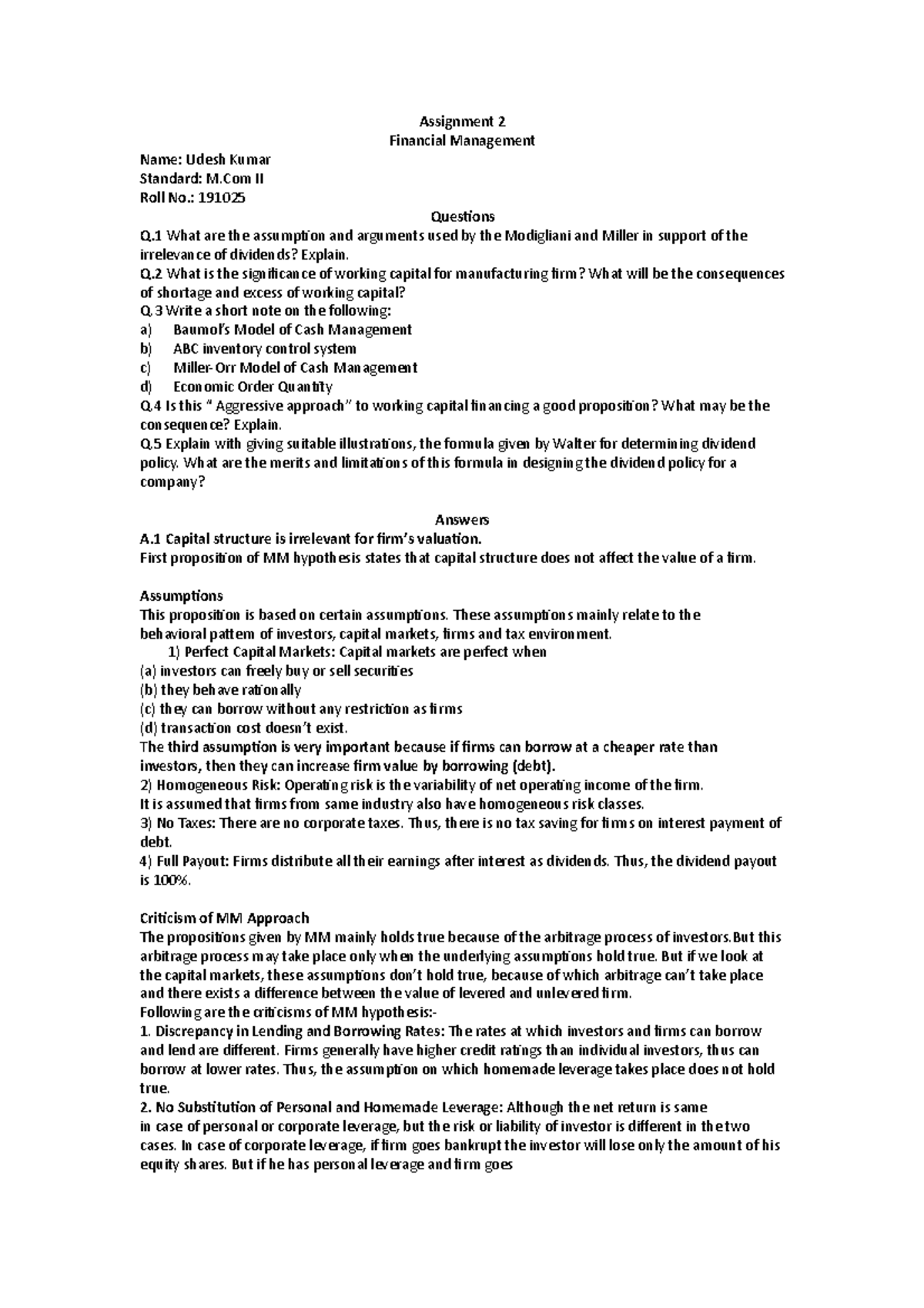 Udesh FM A2 - Mandatory assignments - Assignment 2 Financial Management ...