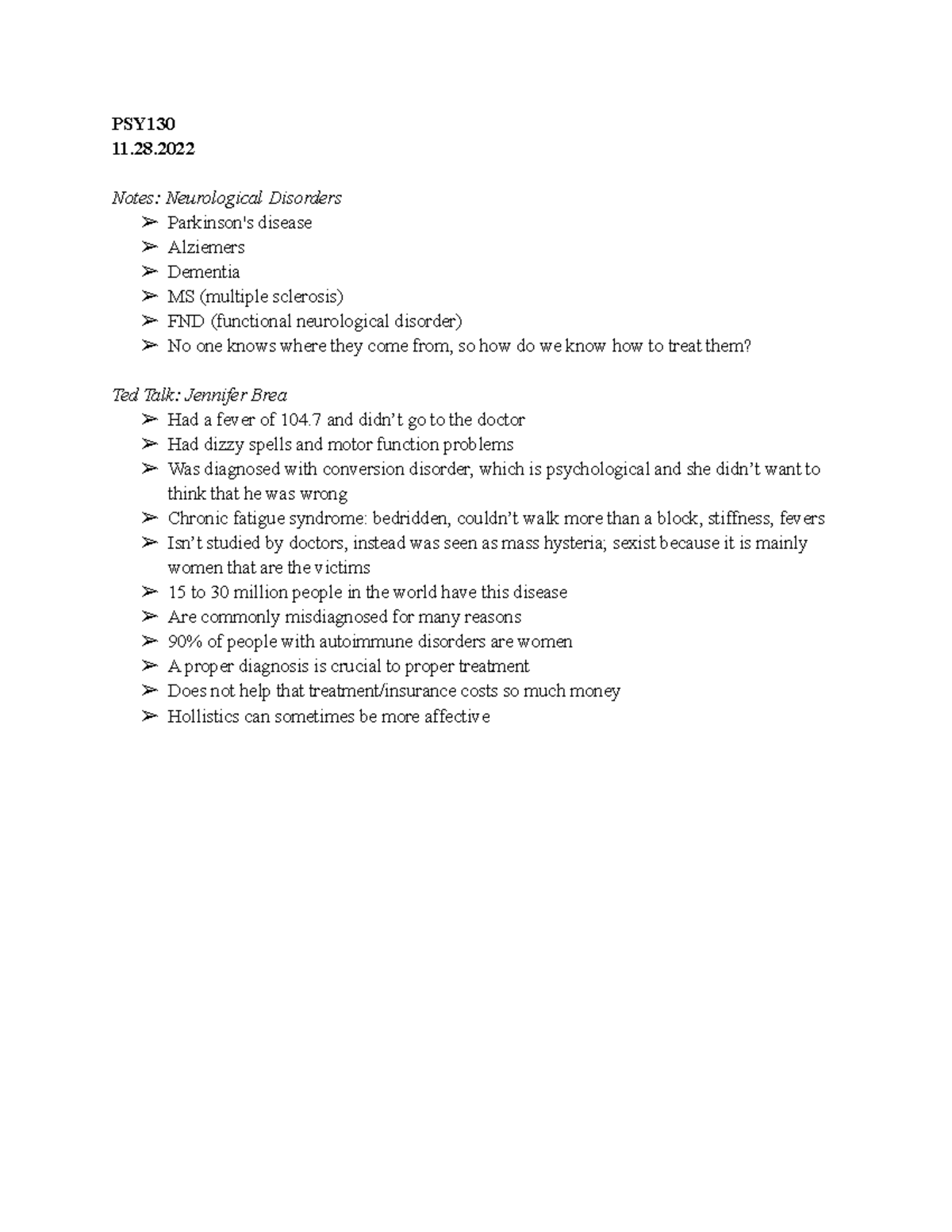 11.28.2022 Notes - PSY 11. Notes: Neurological Disorders Parkinson's ...