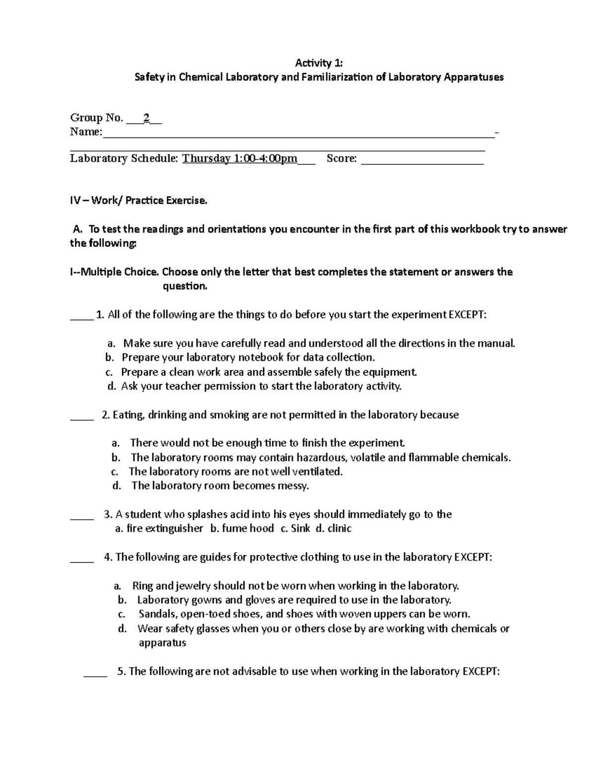 Activity 1 - Gen Chem - Activity 1: Safety in Chemical Laboratory and ...