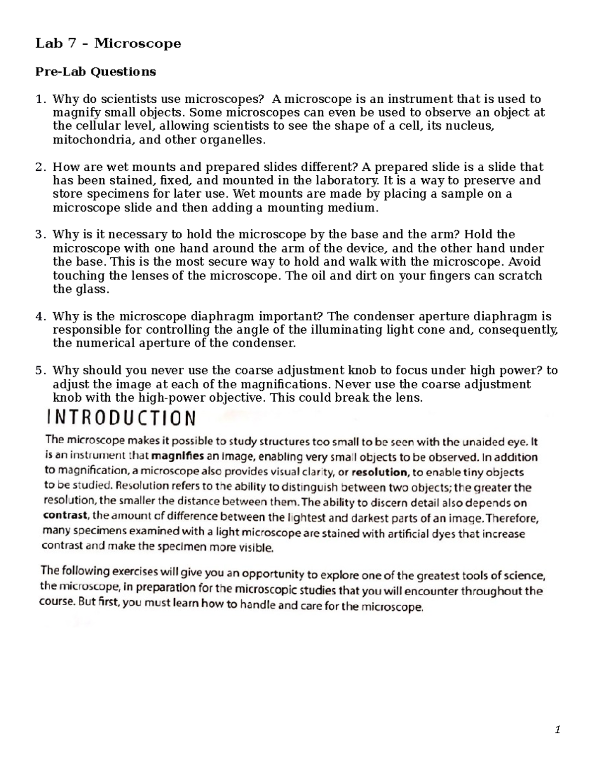 The Microscope Lab Lab 7 Microscope PreLab Questions Why do