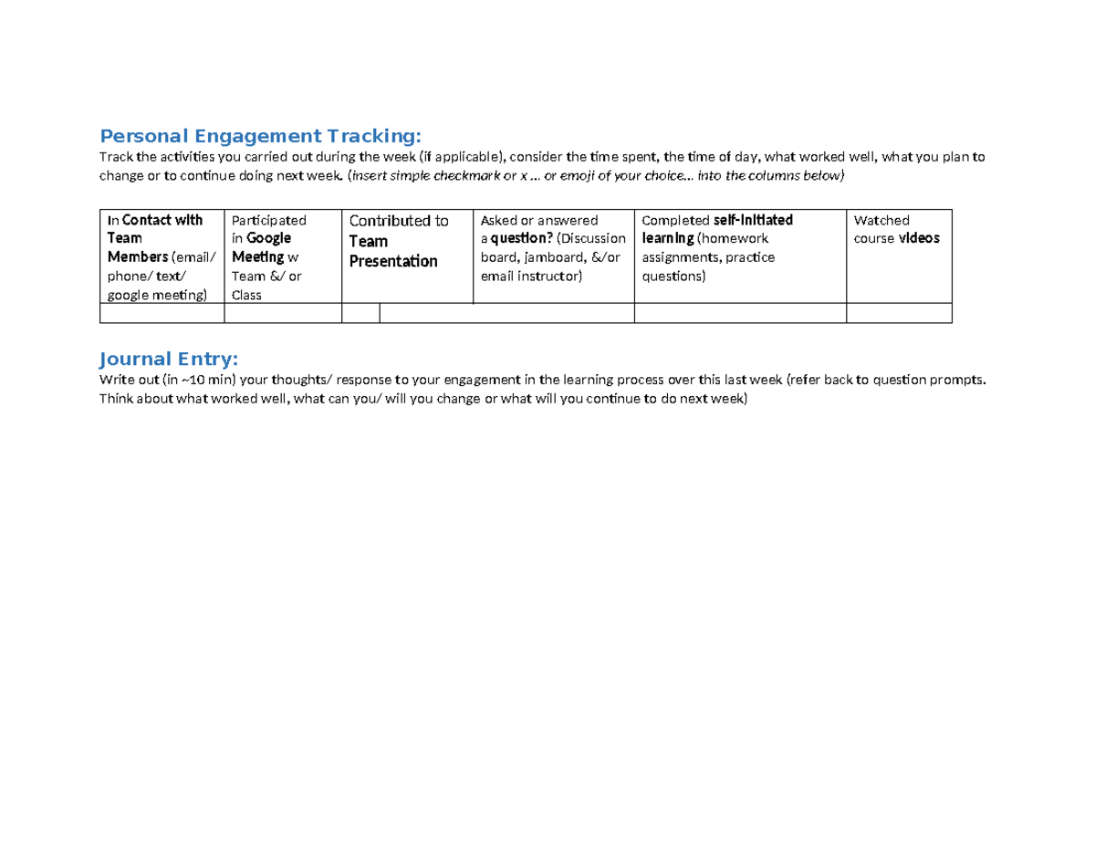 Journal entry template - Personal Engagement Tracking: Track the ...