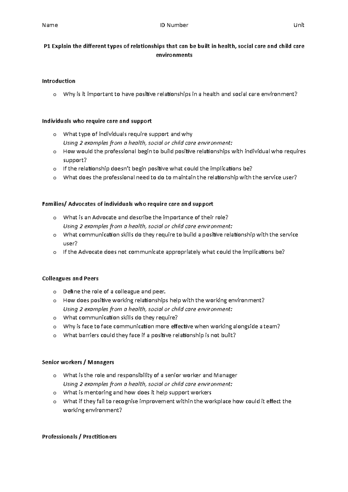 LO1 Assignment Guidance Name ID Number Unit P1 Explain The Different
