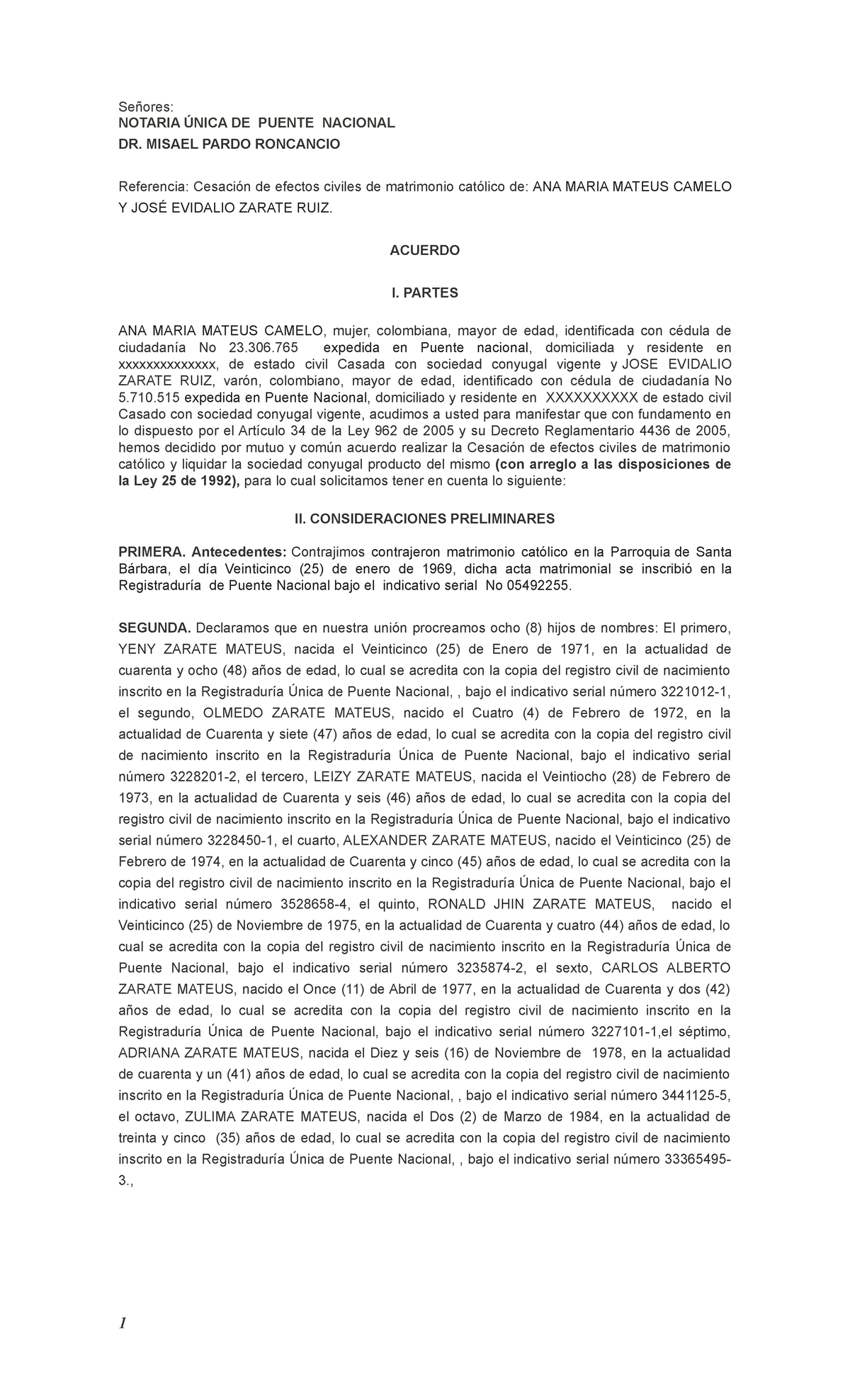 ACTA DE Acuerdo DE Cesacion DE Efectos Civiles Evidalio - Señores ...