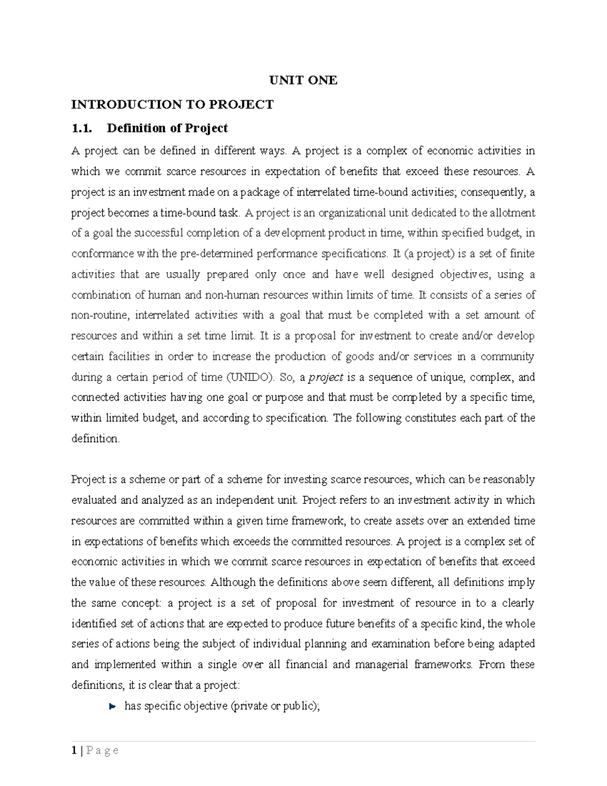 Project Mgt & An 1-75 - UNIT ONE INTRODUCTION TO PROJECT 1. Definition ...