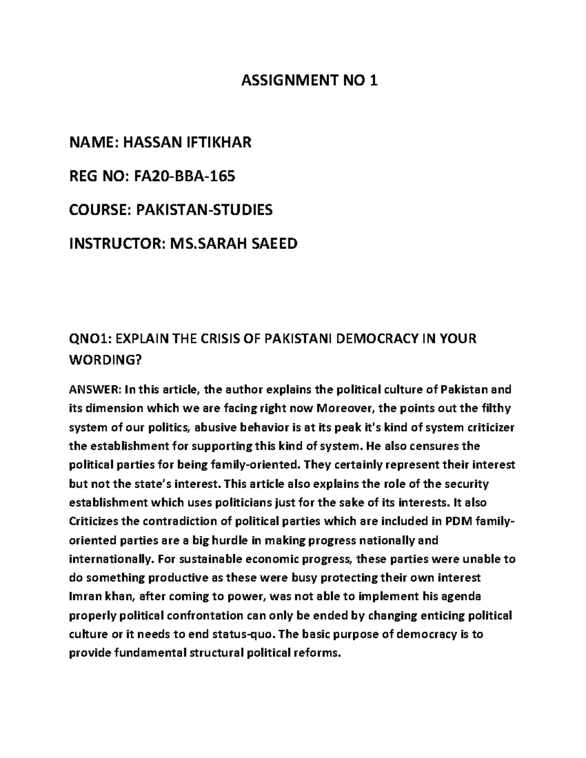 Pak studies hassan assignment no 1 1 - ASSIGNMENT NO 1 NAME: HASSAN ...