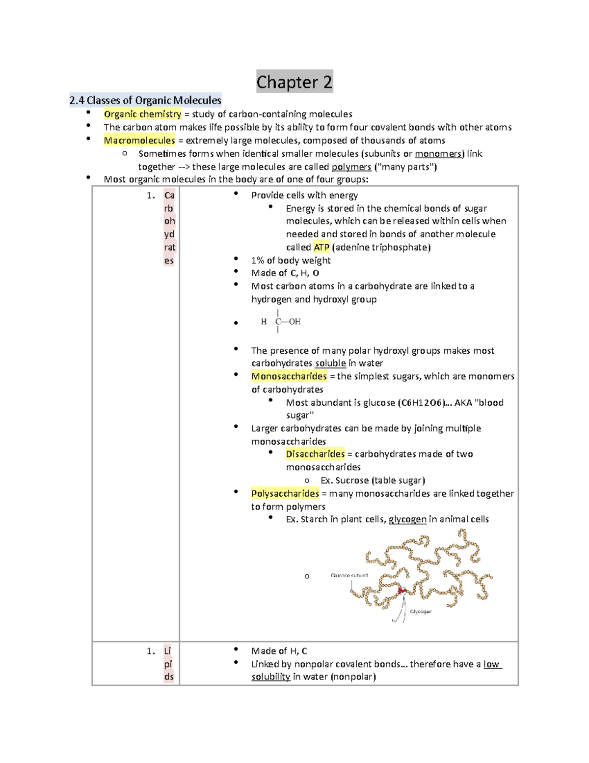 Human Physiology Notes Chapter 2 - Chapter 2 2 Classes of Organic ...