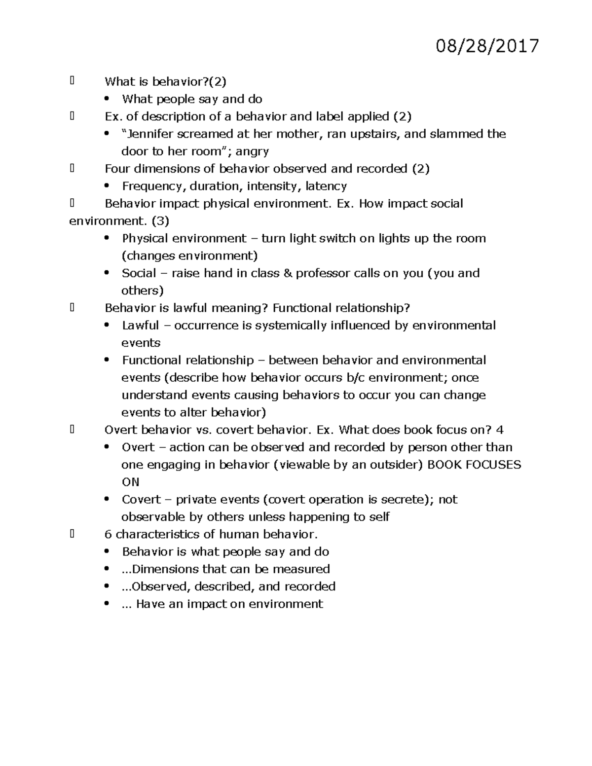 Exam 1 - PSYC 3080 - Study Guide - 08/28/ What Is Behavior?(2) What ...