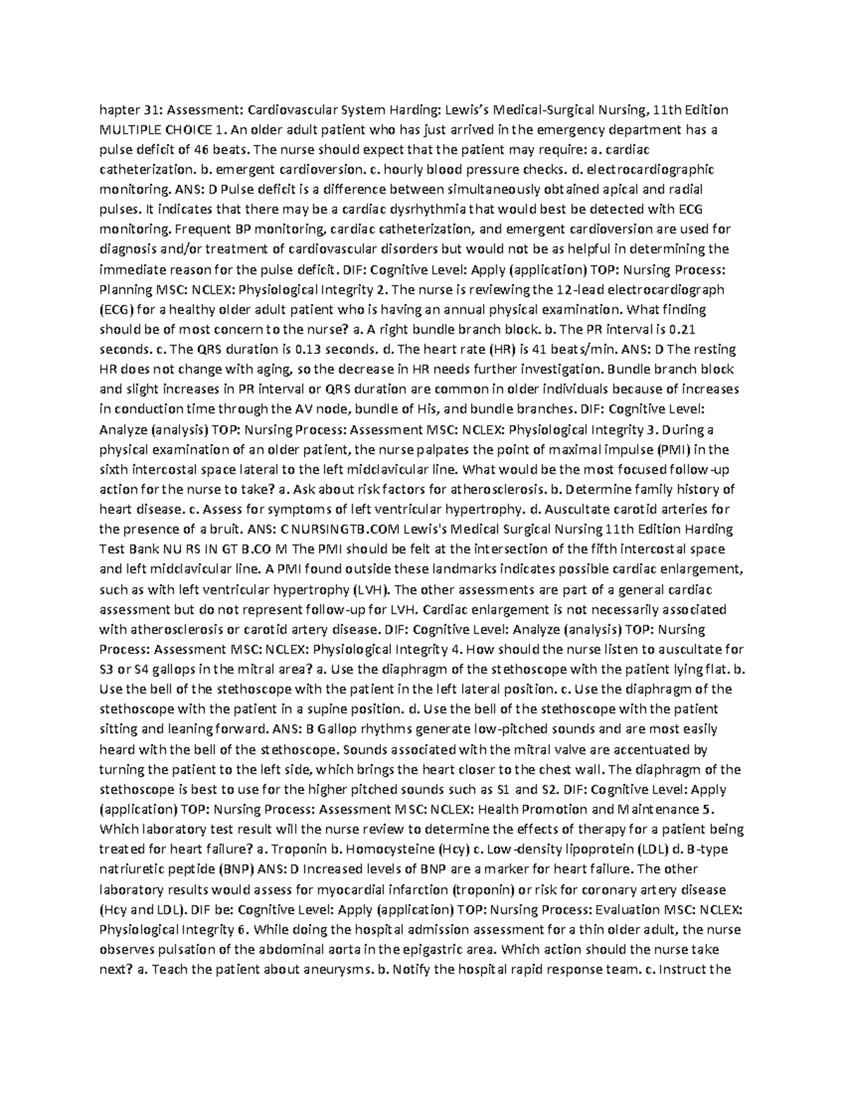 Exam 2 Combined Test Bank - hapter 31: Assessment: Cardiovascular ...
