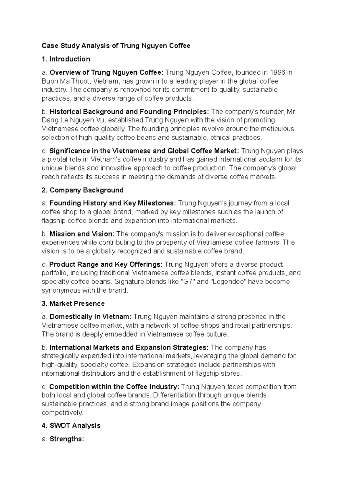 Case Study Analysis of Trung Nguyen Coffee Introduction a. Overview