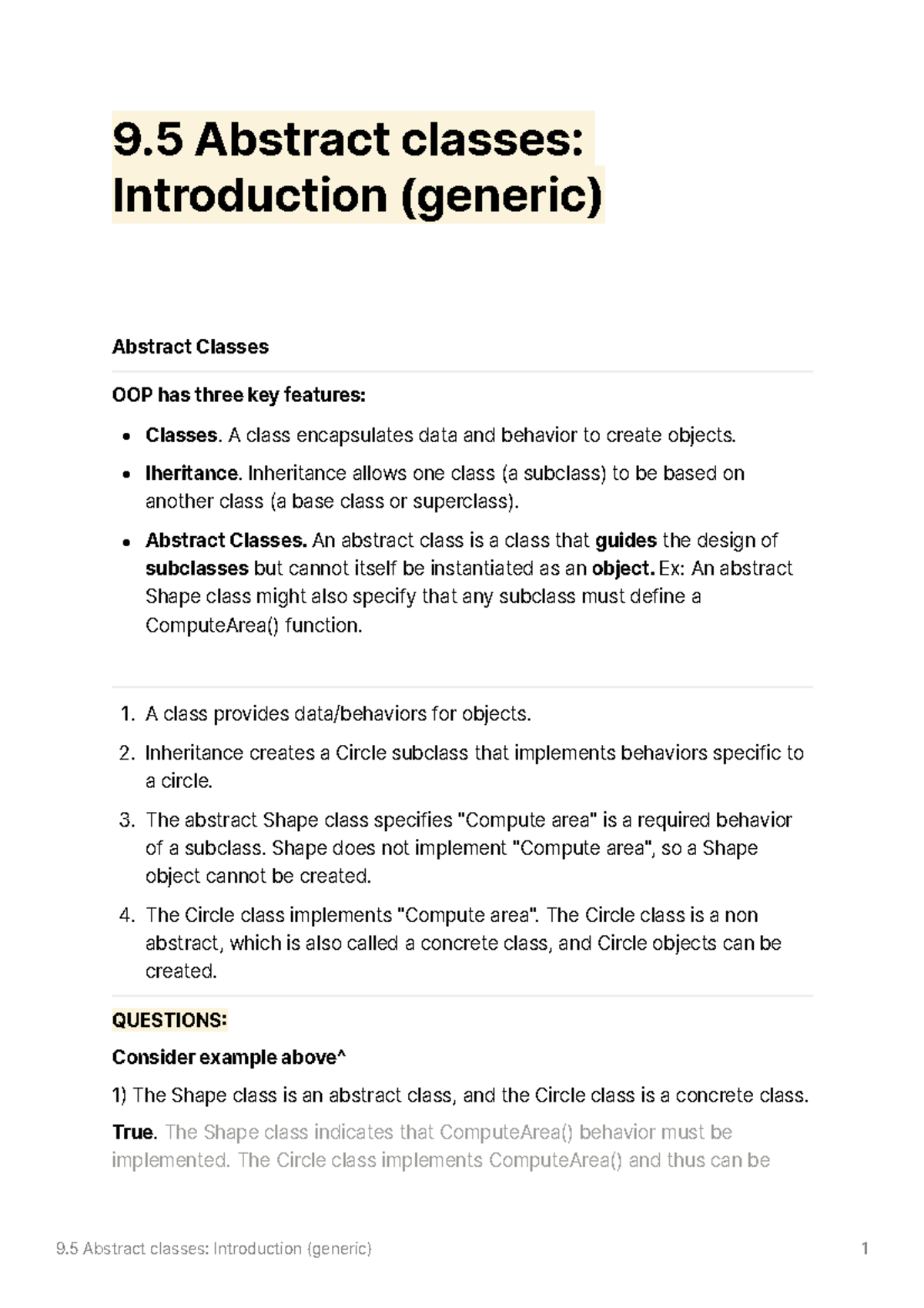 9.5 Abstract classes: Introduction (generic) - A class encapsulates ...
