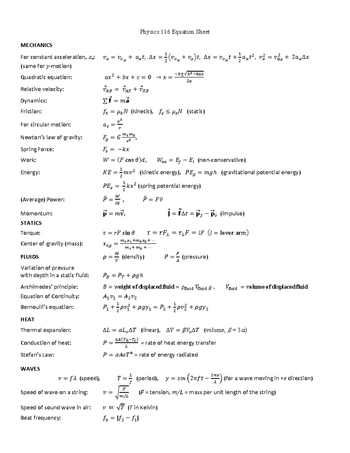 PHYS 116 equation sheet - Physics 116 Equation Sheet MECHANICS For ...