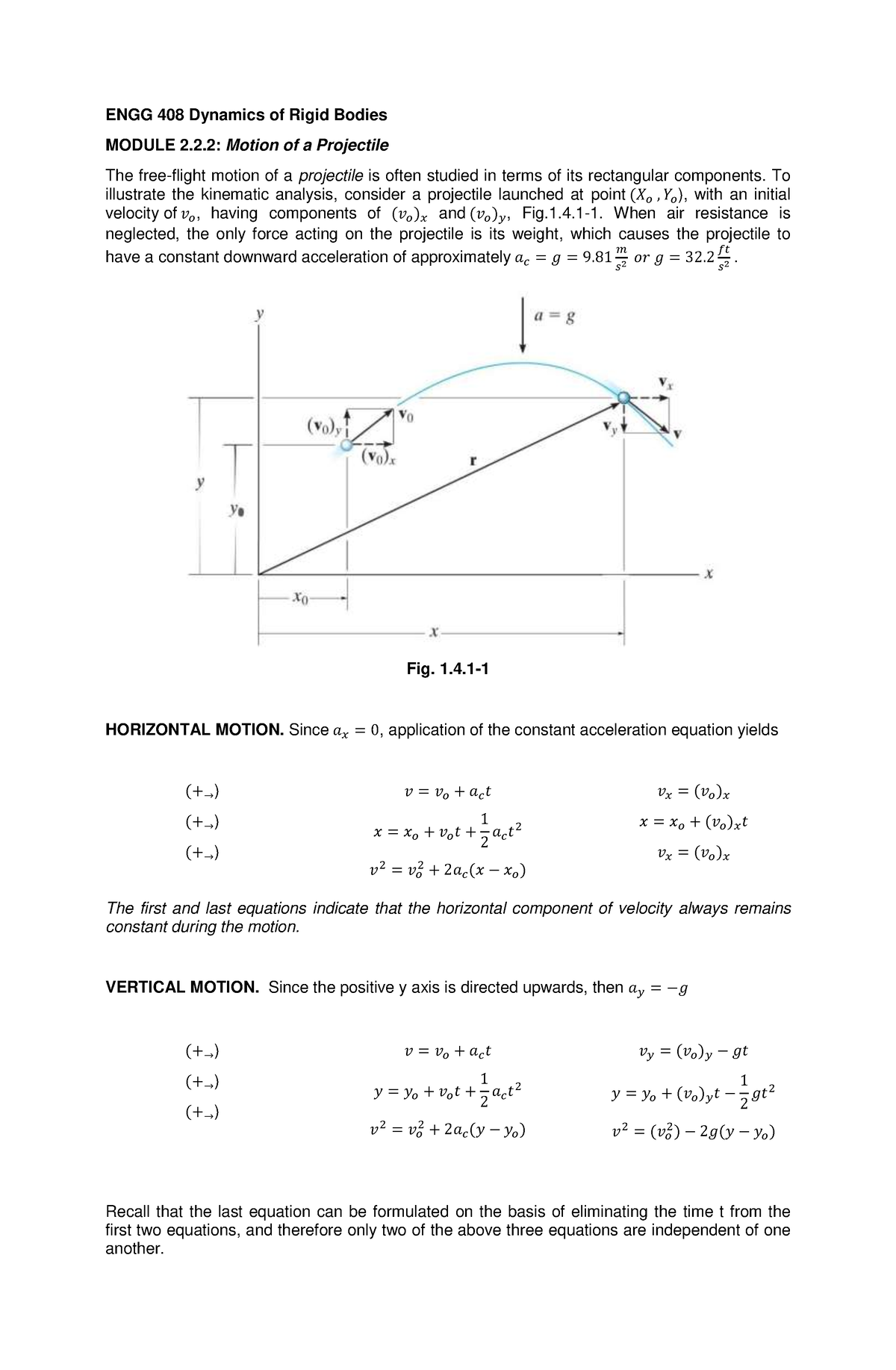 2.2.2 - Motion OF A Projectile - ENGG 408 Dynamics of Rigid Bodies ...