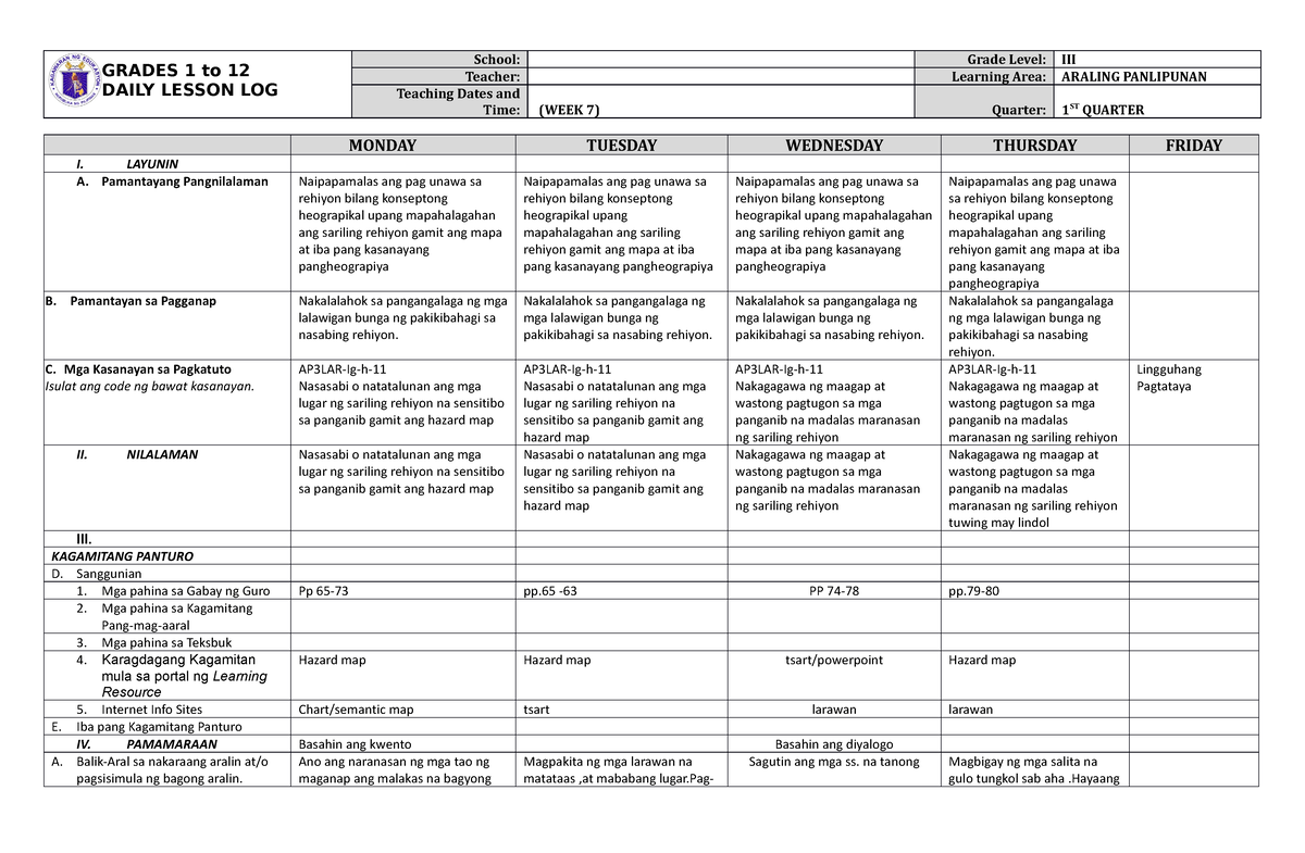 DLL Araling Panlipunan 3 Q1 W7 - GRADES 1 To 12 DAILY LESSON LOG School ...