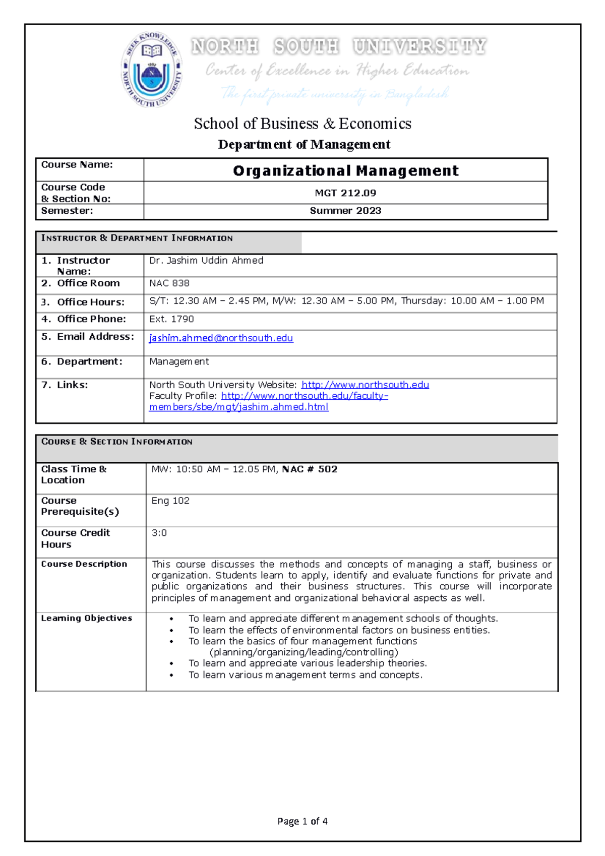 Mgt 212 09 Course Outline Summer 2023 Organisational Management Mgt 212 09 Course Outline Summer 2023 Organisational Management
