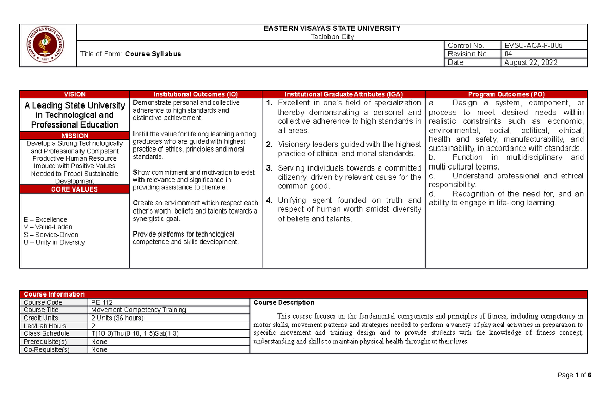 PE 112 Syllabus 1st Sem - good - EASTERN VISAYAS STATE UNIVERSITY ...