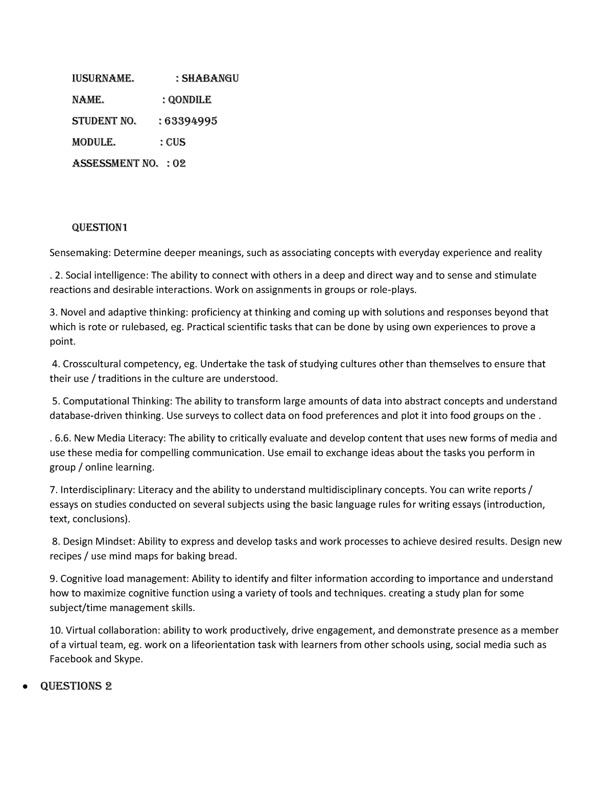 Cus ass2 - Assessment - IUSurname. : Shabangu Name. : Qondile Student ...