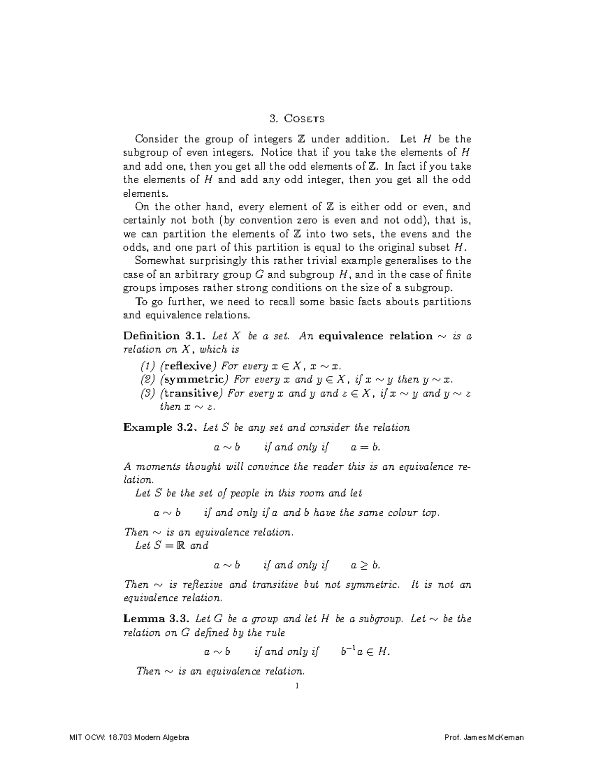 003 - 18.703 - Cosets - Notes - Cosets Consider the group of integers Z ...