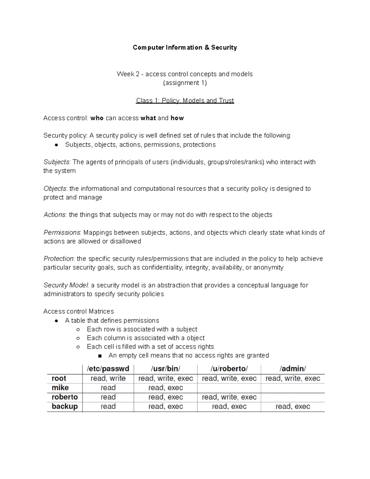 Week 2, Class 1 - Computer Information & Security Week 2 - access ...