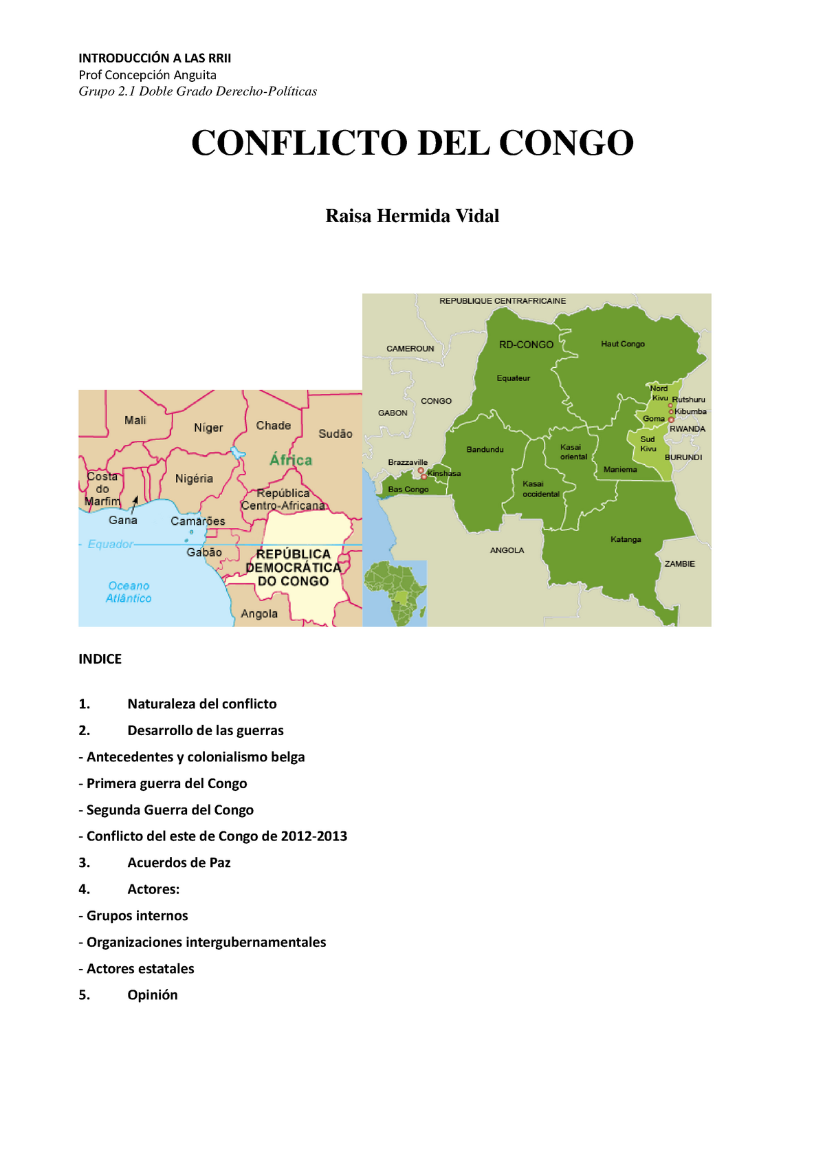 Trabajo 'Conflicto del Congo'.pdf - Prof Concepción Anguita Grupo 2 Doble  Grado Derecho-Políticas - Studocu