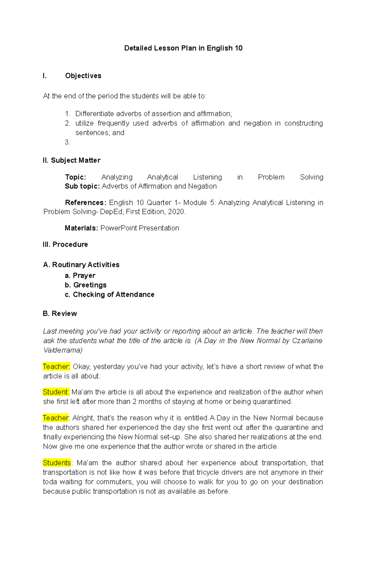 Semi-Detailed LP- Module 5 - Detailed Lesson Plan in English 10 I ...
