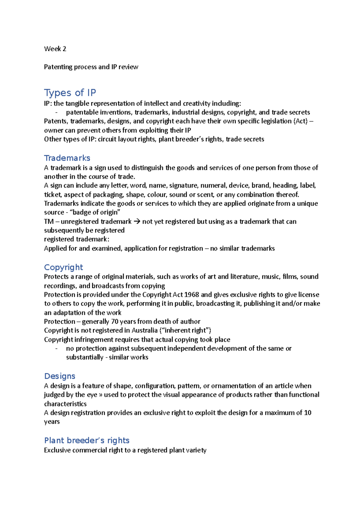 Babs3071 week2 - Week 2 Patenting process and IP review Types of IP IP ...