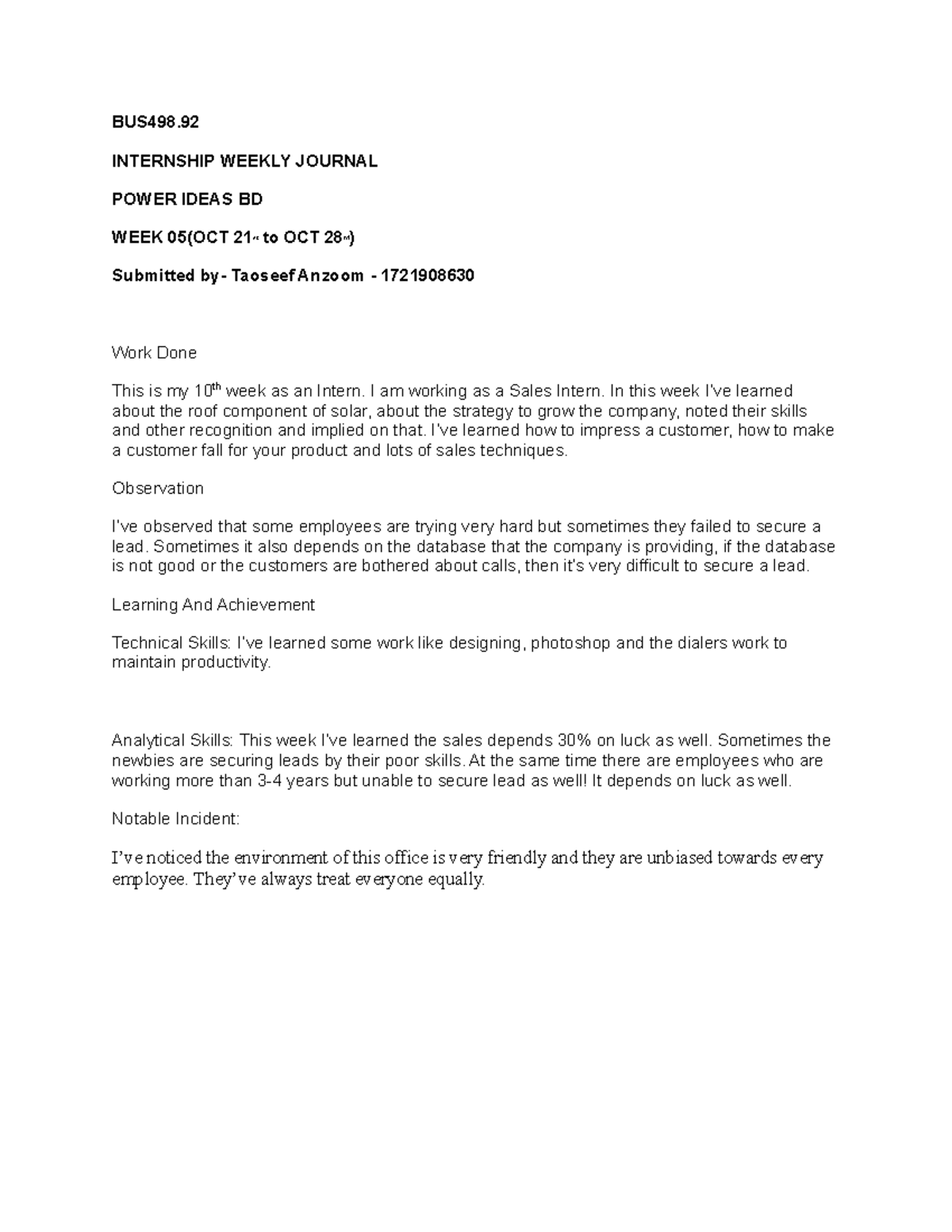 BUS498 THIS IS VERY - BUS498. INTERNSHIP WEEKLY JOURNAL POWER IDEAS BD ...