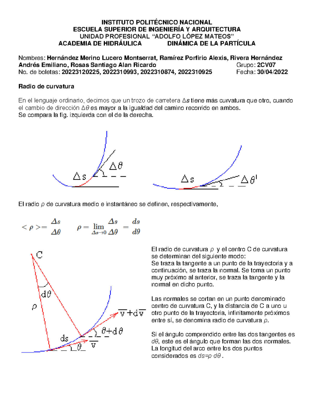 Radio de Curvatura INSTITUTO POLITÉCNICO NACIONAL ESCUELA SUPERIOR DE