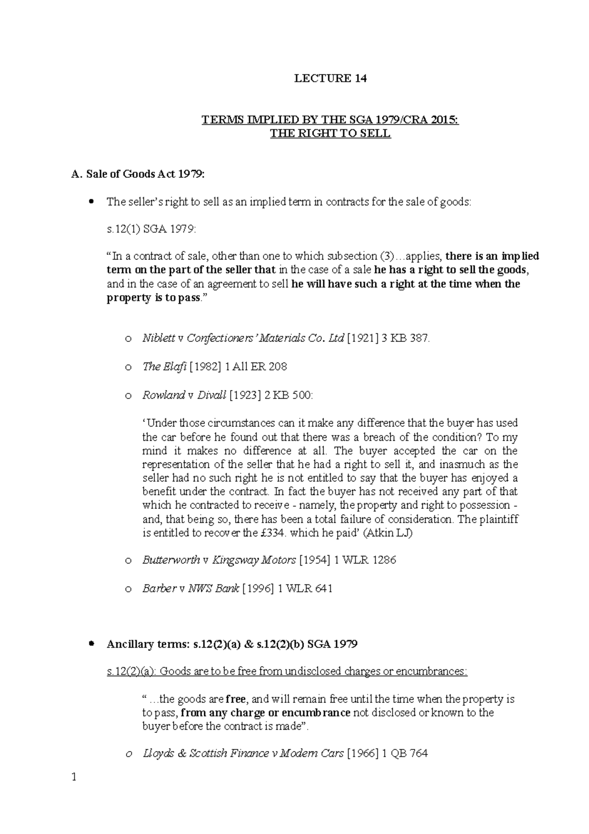 Commercial Law 20192020 Week 14 (Implied Terms I) Notes LECTURE