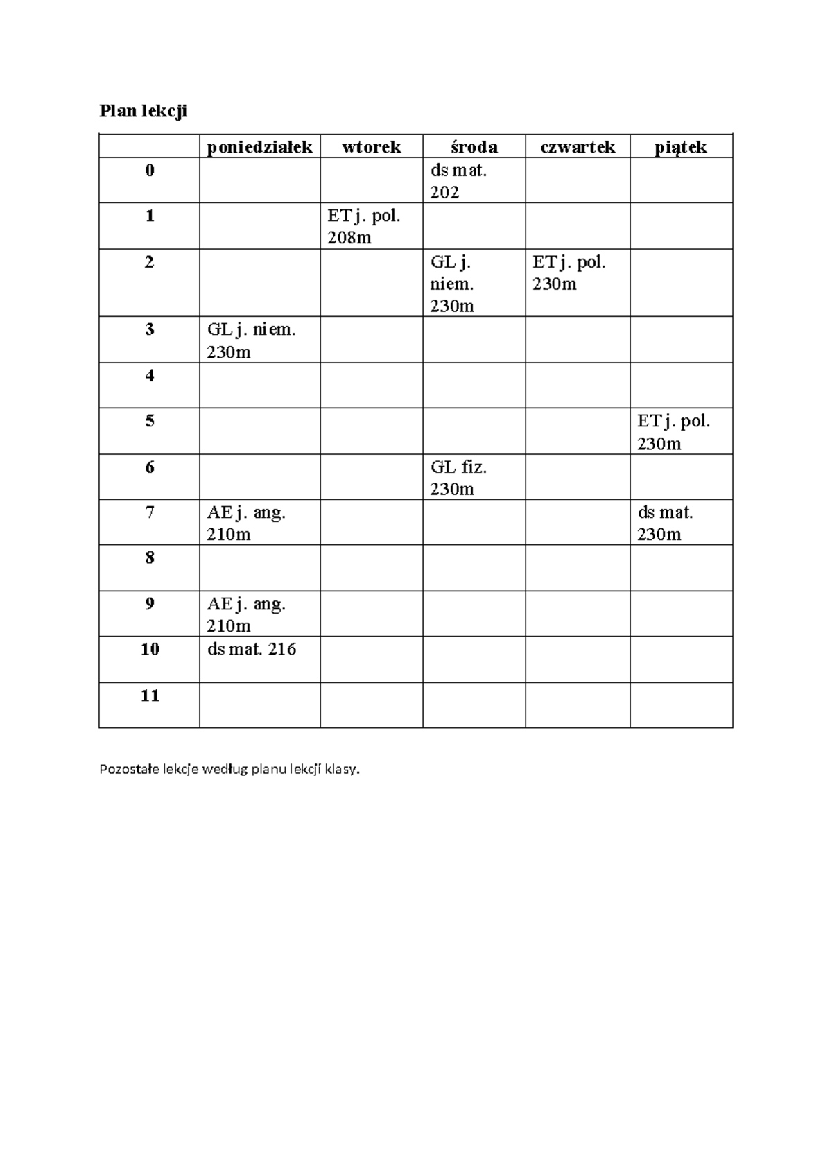 Plan Lekcji Internat Sieradz Kursy Zawodowe